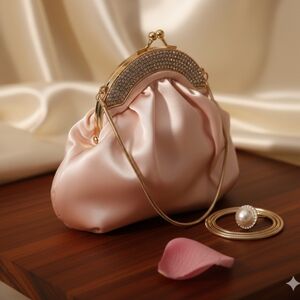 Jessica McClintock beige/cream evening snap closure clutch purse w/ Gold chain